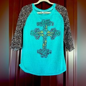 Teal with Sheer Leopard Print 3/4 sleeve top
